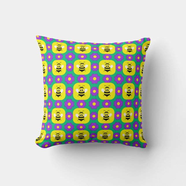 Cartoon Bees and Flowers Cushion (Front)