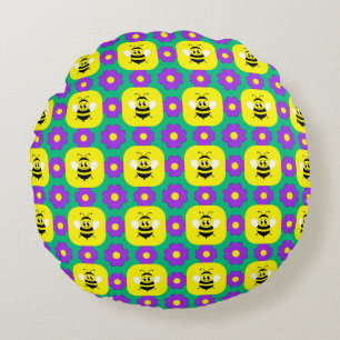 Cartoon Bees and Flowers Round Cushion