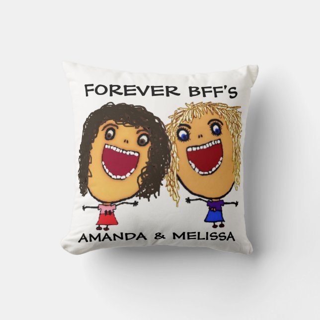 Cartoon Best Friend BFFs Blonde and Brunette Cushion (Front)