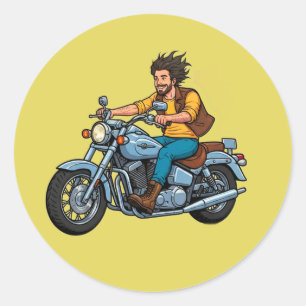 Cartoon Biker Riding a Motorcycle Classic Round Sticker