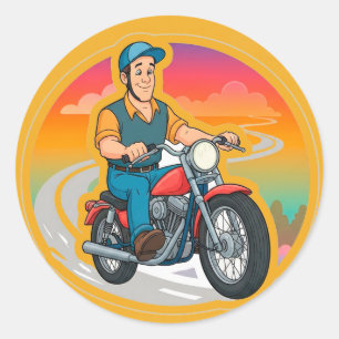 Cartoon Biker Riding a Motorcycle Classic Round Sticker
