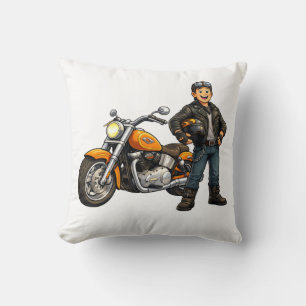 Cartoon Biker with Powerful Motorcycle Rider Art Cushion