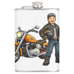 Cartoon Biker with Powerful Motorcycle Rider Art Hip Flask