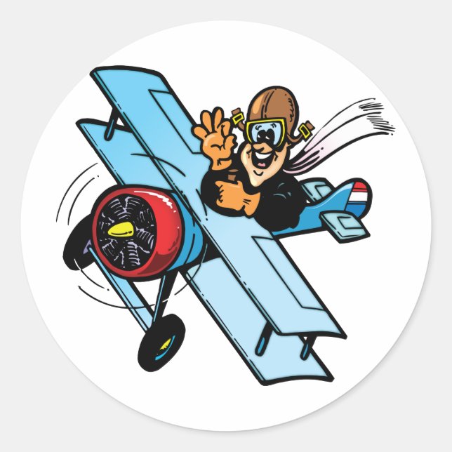 Cartoon Biplane Classic Round Sticker (Front)