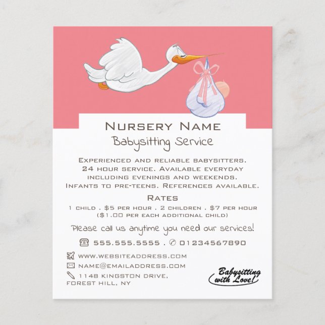 Cartoon Bird & Baby, Babysitter, Daycare, Nursery Flyer (Front)
