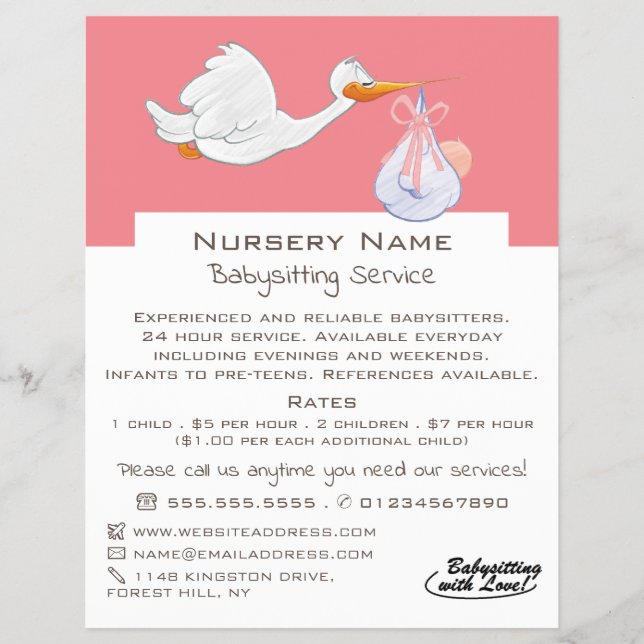 Cartoon Bird & Baby, Babysitter, Daycare, Nursery Flyer (Front)