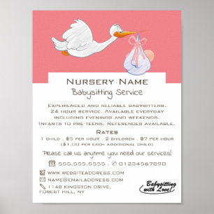 Cartoon Bird & Baby, Babysitter, Daycare, Nursery Poster