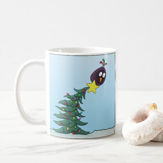 Cartoon Bird Christmas Tree Star Coffee Mug (With Donut)