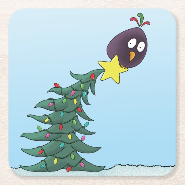 Cartoon Bird Christmas Tree Star Square Paper Coaster (Front)