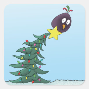 Cartoon Bird Christmas Tree Star Square Sticker