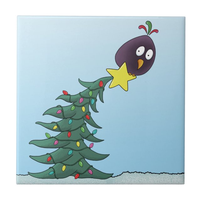 Cartoon Bird Christmas Tree Star Tile (Front)