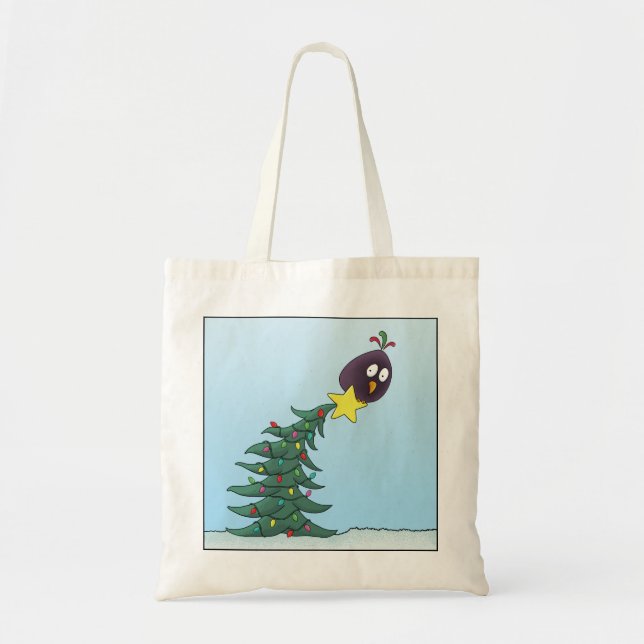 Cartoon Bird Christmas Tree Star Tote Bag (Front)