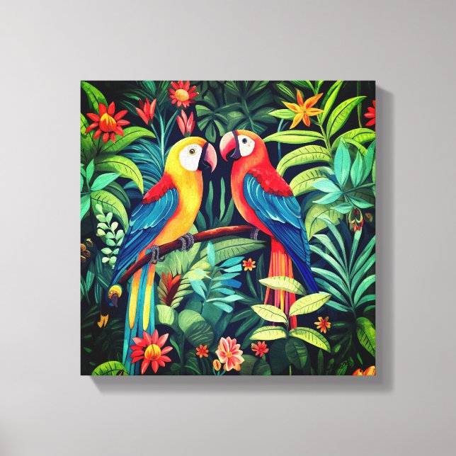 Cartoon Birds In Jungle Art Canvas Print (Front)