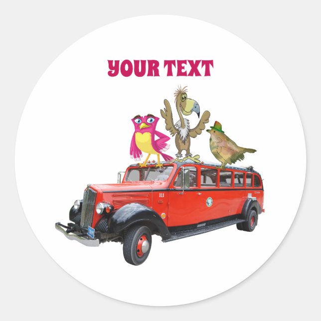  Cartoon Birds Riding Van to Fun Ride Destination Classic Round Sticker (Front)