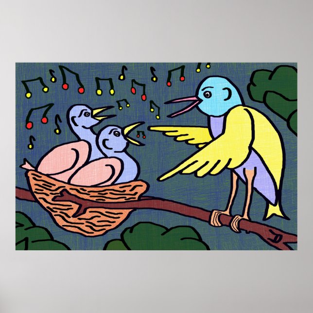 Cartoon birds singing in a tree poster (Front)