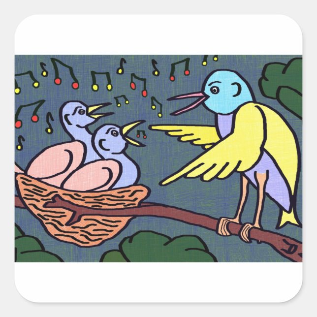 Cartoon birds singing in a tree square sticker (Front)