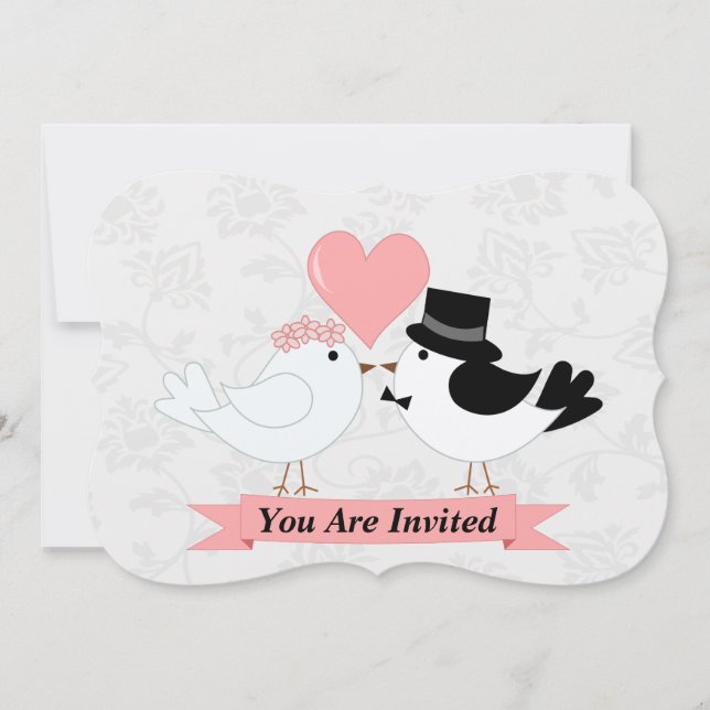 Cartoon birds wedding couple invitation (Front)