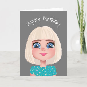 Cartoon Birthday Blonde Girl On Grey  Card