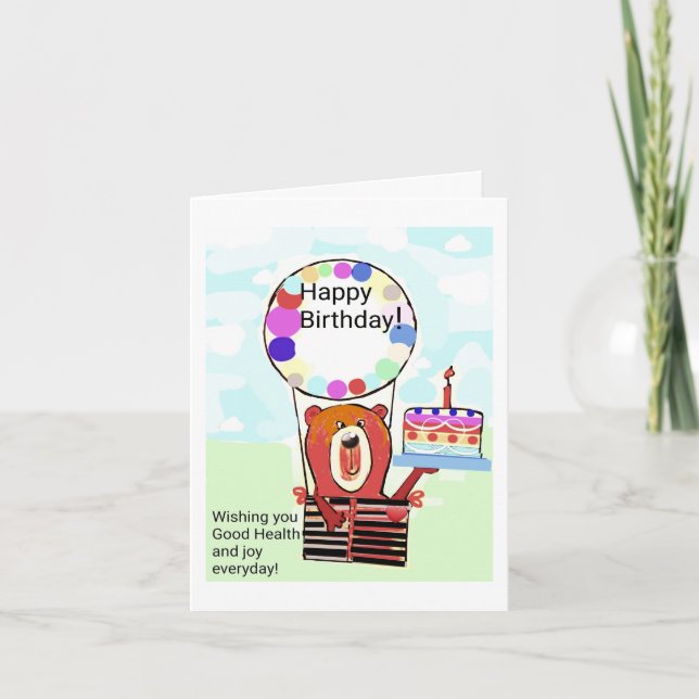 CARTOON BIRTHDAY CARD - BEAR ON HOT AIR BALLOON (Front)