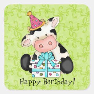Cartoon Birthday Cow Party Sticker