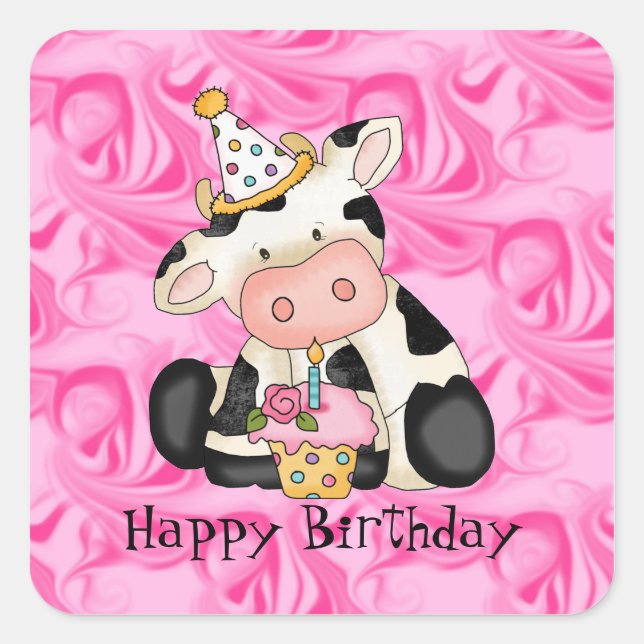 Cartoon Birthday Cow Party Sticker (Front)