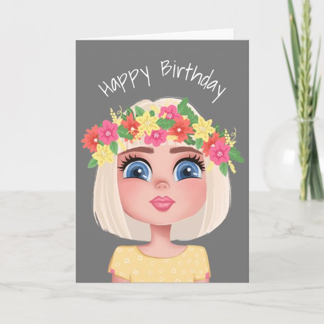Cartoon Birthday Flower Child Girl Card (Front)