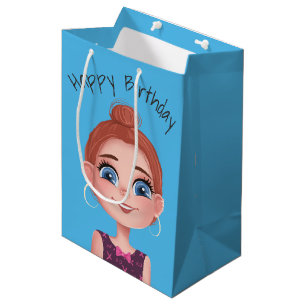 Cartoon Birthday Girl On Aqua Medium Gift Bag