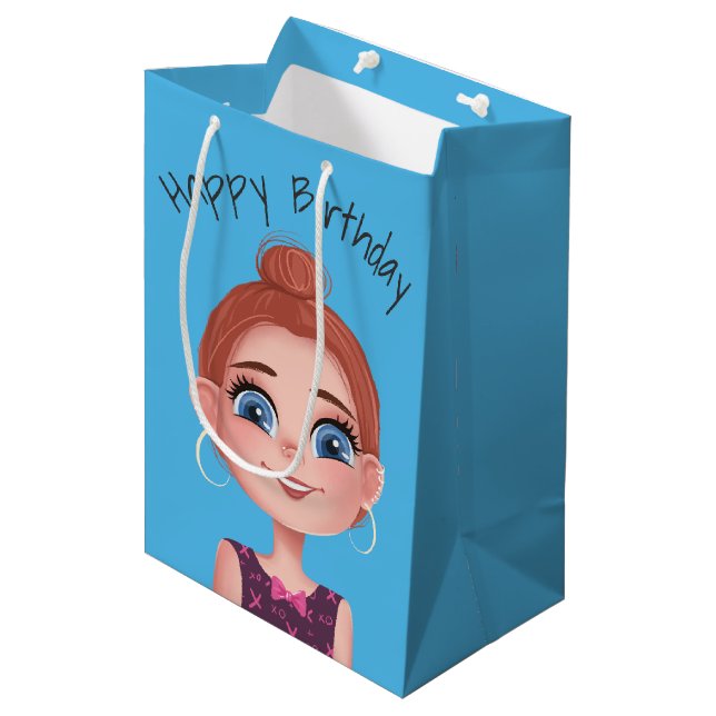 Cartoon Birthday Girl On Aqua Medium Gift Bag (Front Angled)