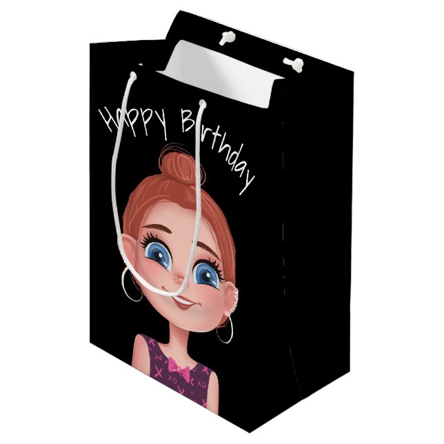 Cartoon Birthday Girl On Black Medium Gift Bag (Front Angled)