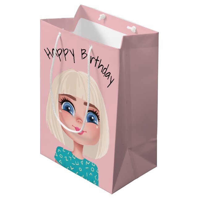 Cartoon Birthday Girl On Blush Pink Medium Gift Bag (Front Angled)
