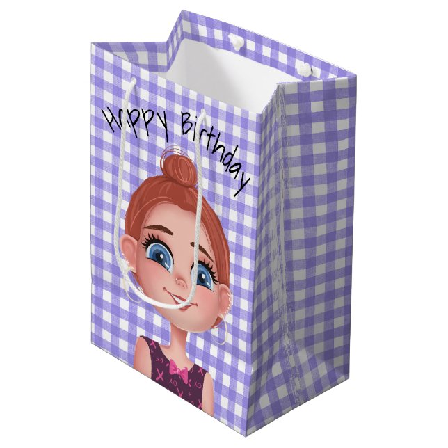 Cartoon Birthday Girl On Gingham Medium Gift Bag (Front Angled)