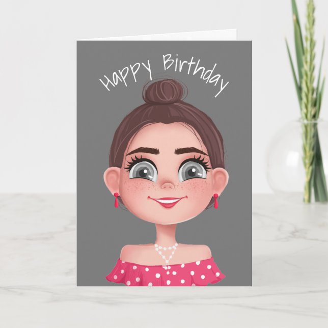 Cartoon Birthday Girl on Grey  Card (Front)
