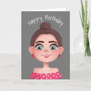 Cartoon Birthday Girl on Grey  Card