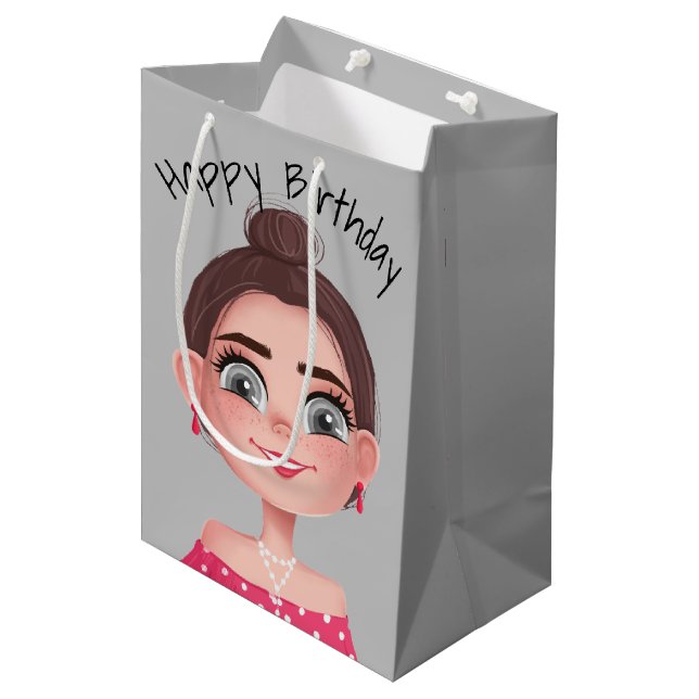 Cartoon Birthday Girl On Grey  Medium Gift Bag (Front Angled)