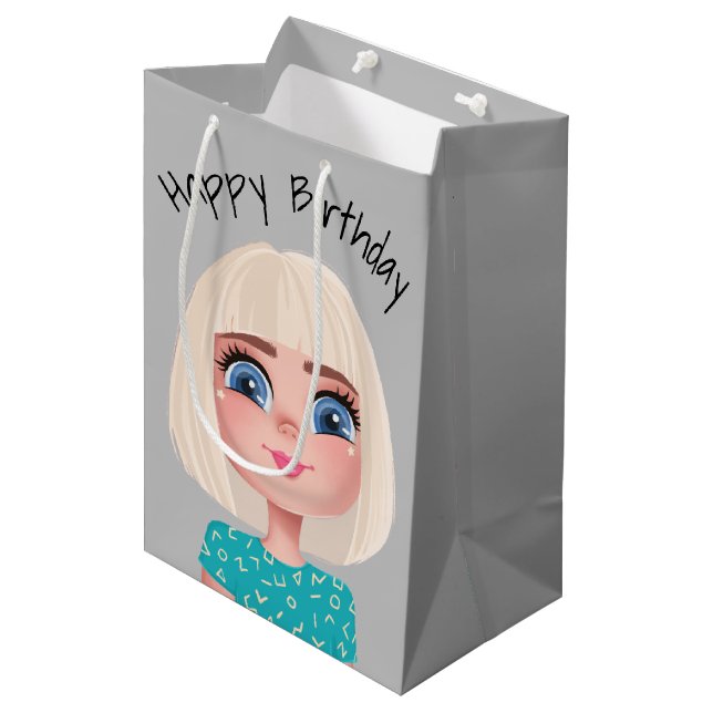 Cartoon Birthday Girl On Grey Medium Gift Bag (Front Angled)