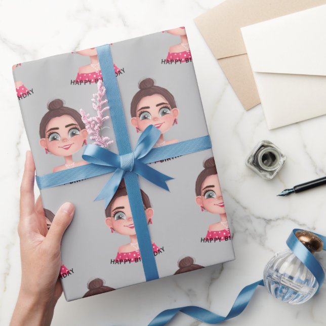 Cartoon Birthday Girl On Grey Wrapping Paper (Gifting)