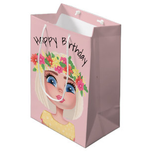 Cartoon Birthday Girl On Pink Medium Gift Bag