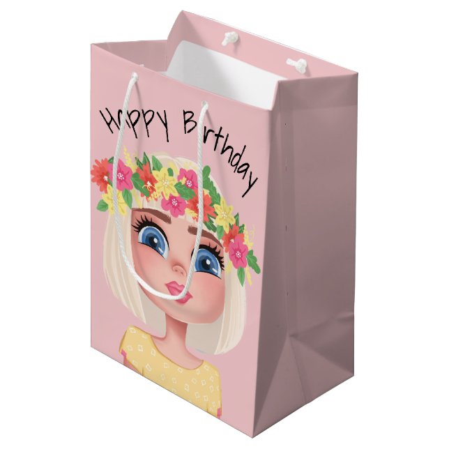 Cartoon Birthday Girl On Pink Medium Gift Bag (Front Angled)