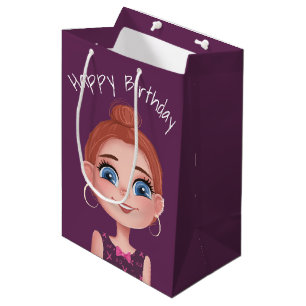 Cartoon Birthday Girl On Purple Medium Gift Bag