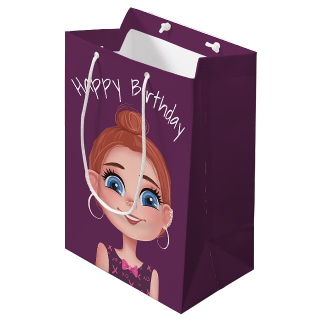 Cartoon Birthday Girl On Purple Medium Gift Bag (Front Angled)