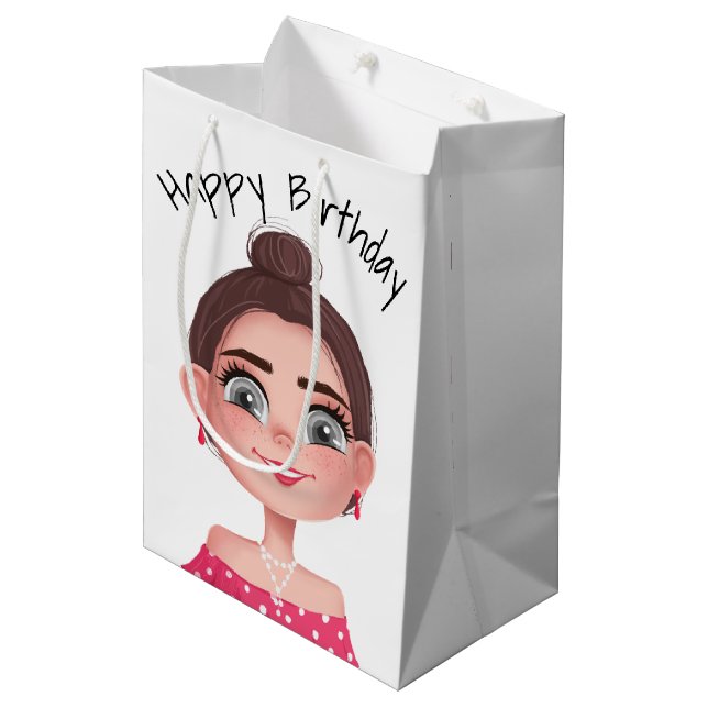 Cartoon Birthday Girl On White Medium Gift Bag (Front Angled)