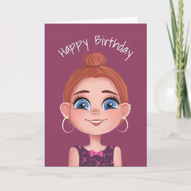 Cartoon Birthday Girl With Big Eyes   Card (Front)