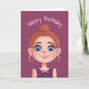 Cartoon Birthday Girl With Big Eyes   Card