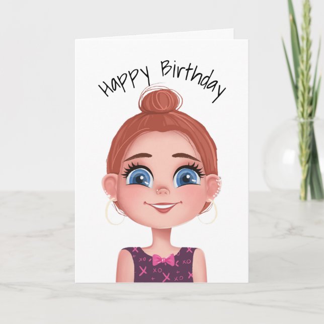 Cartoon Birthday Girl With Big Eyes Card (Front)