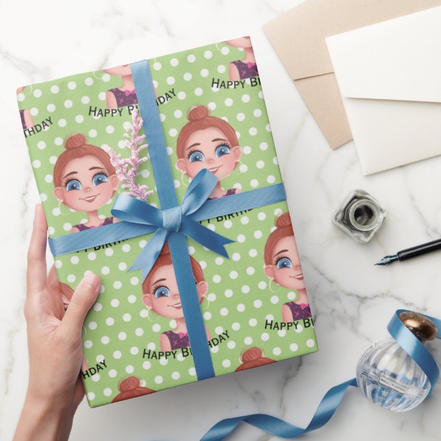 Cartoon Birthday Girl with Big Eyes  Wrapping Paper (Gifting)
