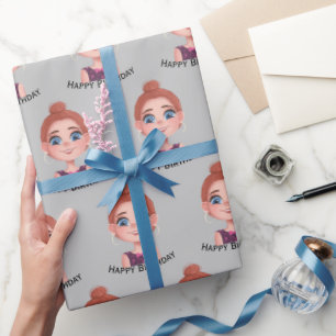 Cartoon Birthday Girl with Big Eyes   Wrapping Paper