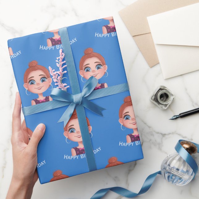 Cartoon Birthday Girl with Big Eyes   Wrapping Paper (Gifting)