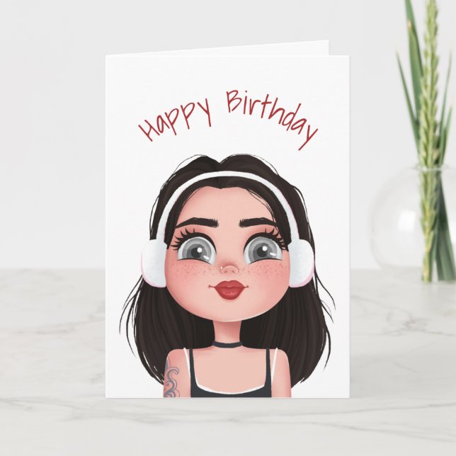 Cartoon Birthday Girl With Headphones  Card (Front)