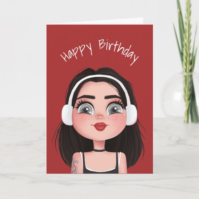 Cartoon Birthday Girl With Headphones Card (Front)