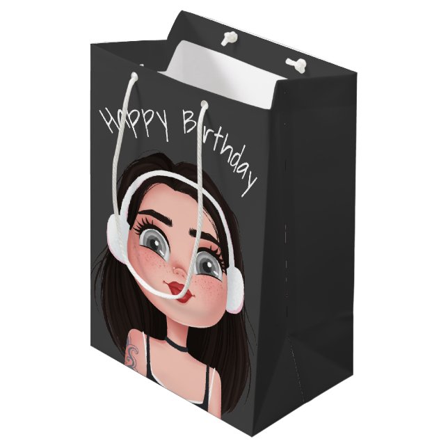 Cartoon Birthday Girl With Headphones Medium Gift Bag (Front Angled)